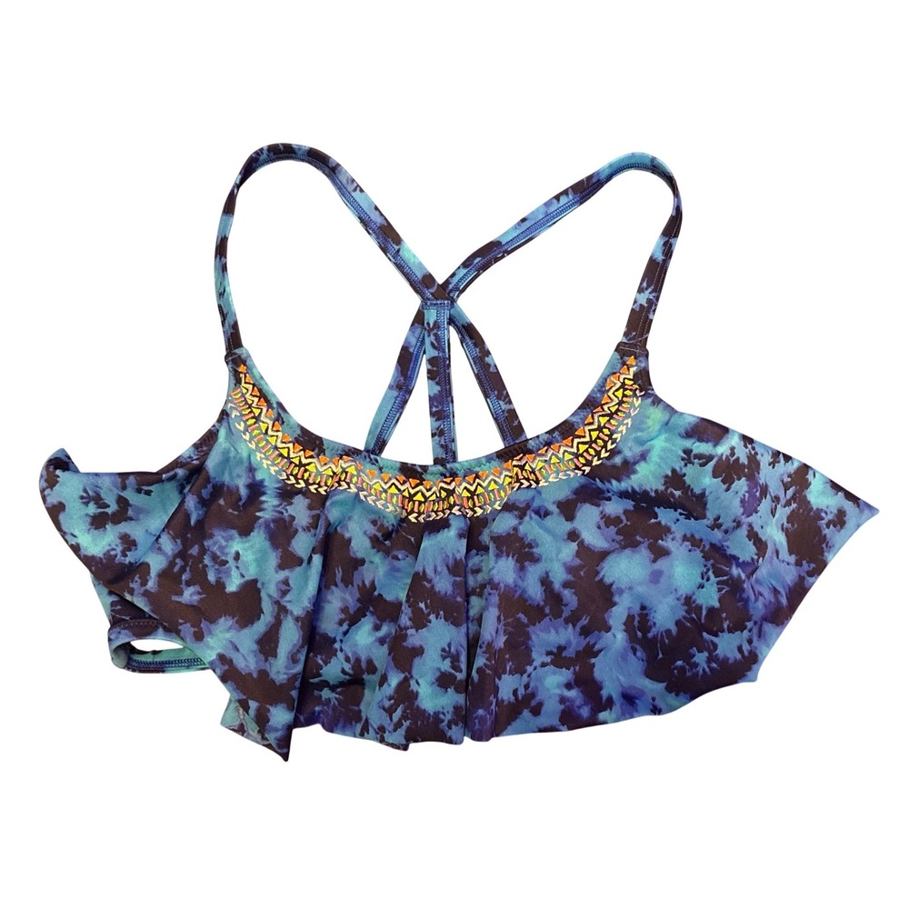 PINK Victoria's Secret Blue Tie Dye Flounce Bikini Swim Top, Medium